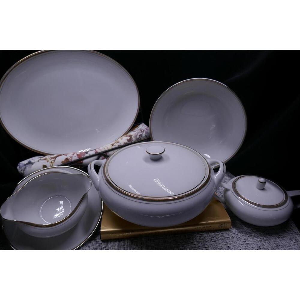 Fine Bone Translucent Porcelain 5 piece serving set with Gold Trim and Handles